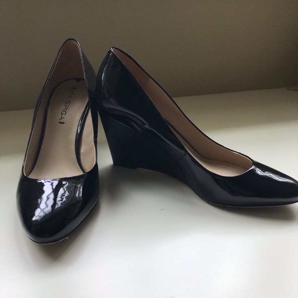 Via Spiga Black Patent Wedge Pumps